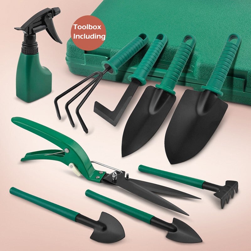Garden Tool Set 10PCS Gardening Tool Kit Outdoor Hand Tools Including Pruners, Weeding Knife, Rakes, shovel, Watering Can for Gardener