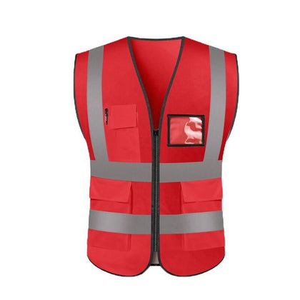 10 Pieces Reflective Vest Zipper Multi-Pocket Safety Vest Traffic Safety Warning Vest 4 Reflective Strips for Sanitation Construction Riding - Fluorescent Red