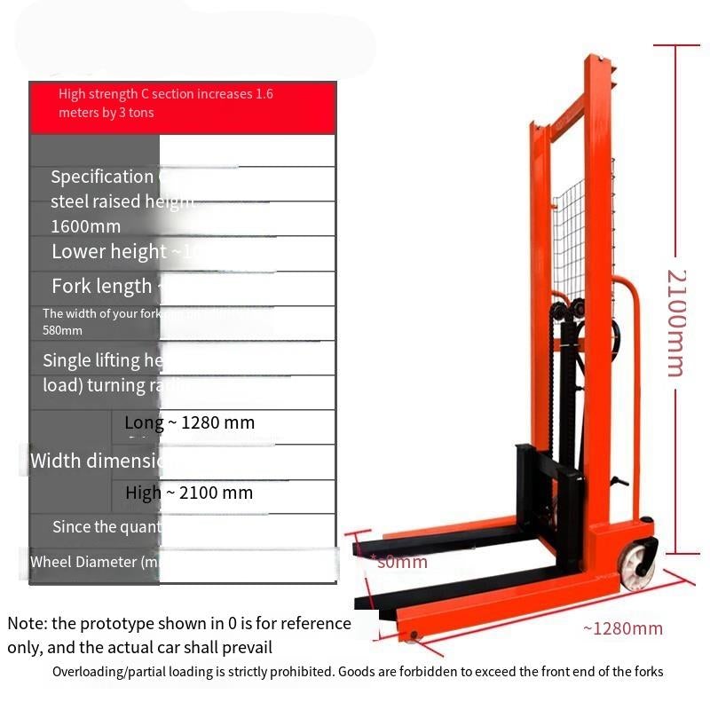 Manual Forklift, 3t Manganese Steel, High Strength C-section Steel, 1.6m High Hydraulic Lifting Truck, Stacking Truck, Lifting Forklift Lift