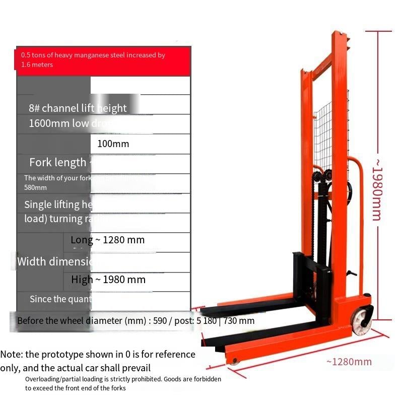 0.5t, 1.6m Manual Forklift, Manganese Steel, Hydraulic Lifting Truck, Stacking Truck, Lifting Forklift