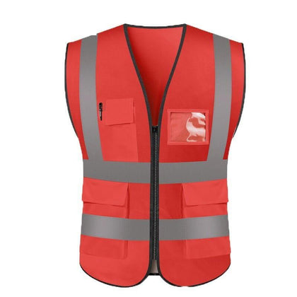 10 Pieces Reflective Vest Zipper Multi Pocket Reflective Vest Fluorescent Red Car Traffic Safety Warning Vest 4 Pieces Reflective Strips Environmental Sanitation Construction Duty Riding Safety Suit