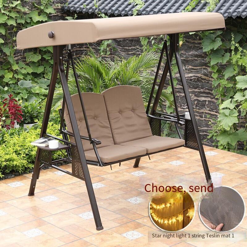 Swing Hanging Chair Outdoor Swing Courtyard Hanging Chair Outdoor Iron Art Family Balcony Chair Double Adult Rocking Chair Double Khaki
