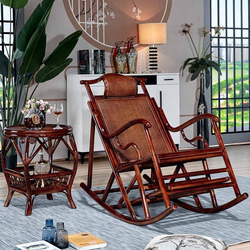 Balcony Leisure Solid Wood Real Rattan Weaving Rocking Chair Sofa Household Adult Back Reclining Chair Single Casual Chair Single Rocking Chair