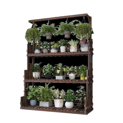 Flower Rack Solid Wood Multi-layer Balcony Hanging Orchid Shelf Decoration Garden Living Room Stepped Flower Pot Rack Floor Type Carbon Color Four-layer 100 Length + Four-wheel Solid Wood