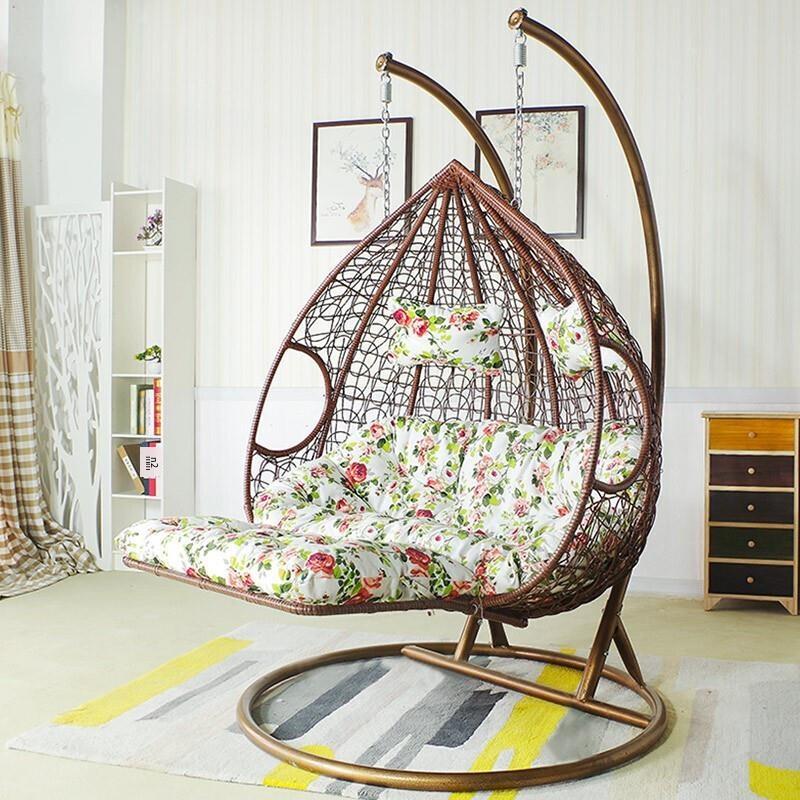 Hanging Basket Rattan Chair Double Indoor Swing Balcony Bassinet Chair Bird's Nest Hammock Lazy Person Drop Chair Double Pole Coffee Color