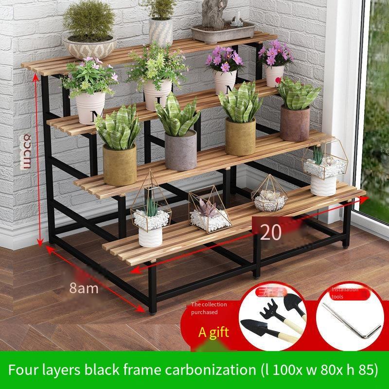 Stepped Flower Rack Balcony Rack Stainless Steel Floor Type Iron Multi-layer Thickened Four Layers 100 Long (3 Legs) Black Frame Carbonization Board
