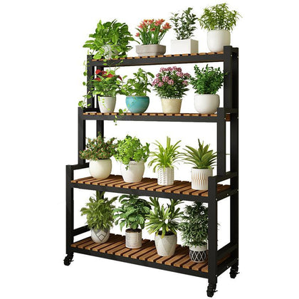 Iron Stepped Flower Rack Floor Type Balcony Anti-corrosion Wood [black Frame Carbonized Wood] 4 Floors 120 *156 With Wheels