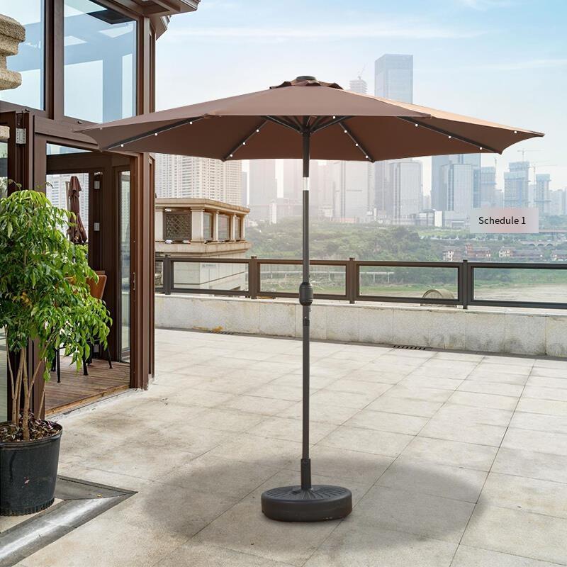 Outdoor Sunshade Umbrella Terrace Garden Solar Lamp Stall Large Sun Courtyard Iron Straight Rod Single Top Khaki + Water Seat