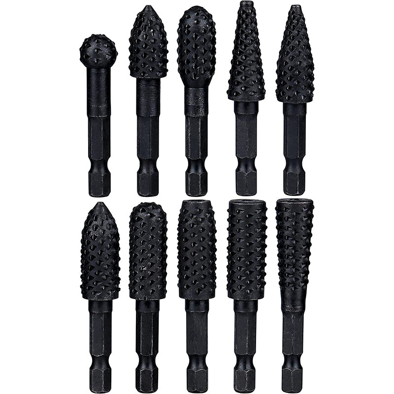10Pcs 1/4 Inch Hex Shank Rotary Rasp File Set Woodworking Tool for Wood Polishing Deburring Shaping and Grooving