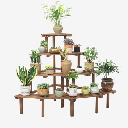 Solid Wood Corner Combined Flower Rack Multi Meat Multi-layer Ladder Floor Type Green Pineapple Balcony Wooden Flower Pot Shelf Storage Rack (4 Floors) Corner Retro - With Flower Shovel