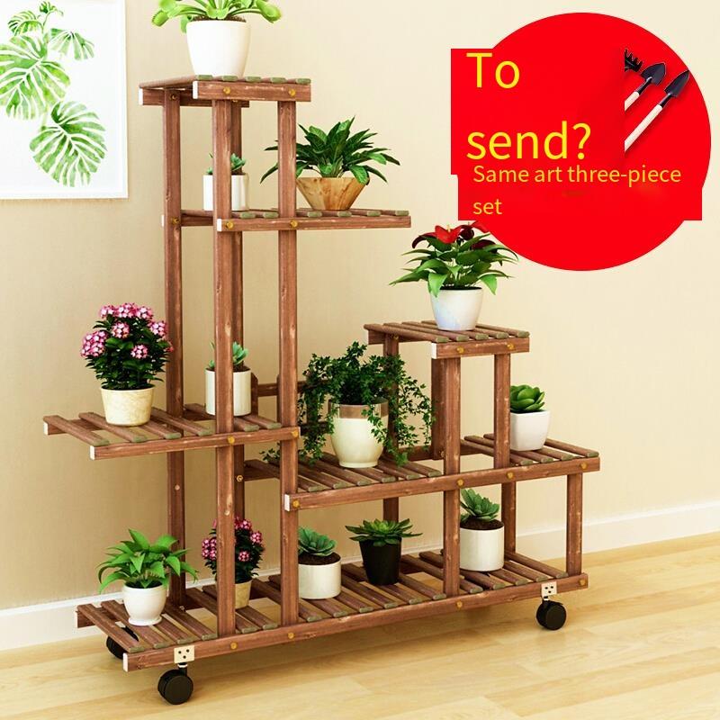 6 Pieces Solid Wood Flower Rack Outdoor Balcony Flower Pot Rack Indoor Floor Hanging Orchid Plant Rack Multi-layer Bonsai Rack Flower Table S Basic Model (with Diagonal Support)