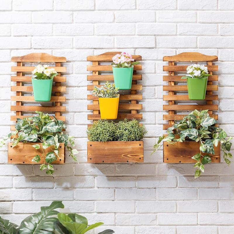 Balcony Wall Mounted Fleshy Green Pineapple Flower Rack Living Room Courtyard Simple Multi-layer Solid Wood Hanging Flower Rack Sub Flower Pot Rack Indoor Wall Storage Rack [thickened Material] Grid Style (single)