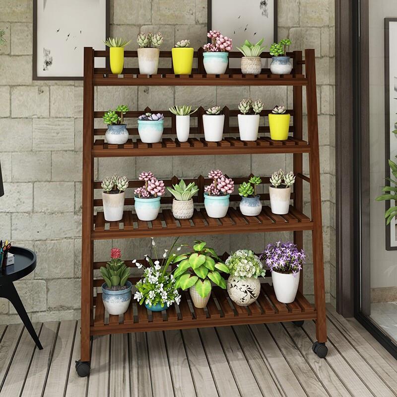 Balcony Solid Wood Multi-storey Living Room Plant Rack Indoor Floor Multi Meat Flower Pot Rack Green Pineapple Anti-corrosion Wood Mobile Flower Rack Multi Fence Carbonization 3 Layers 1m Pulley
