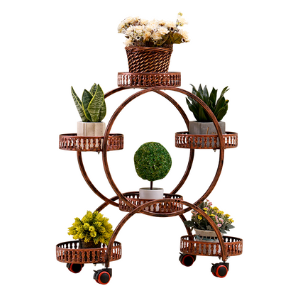 Flower Rack Multi-layer Indoor Space Saving Iron Multi-layer Balcony Storage Rack Living Room Belt Wheel Flower Pot Rack Red Copper 6 Basin Luxury Version (brake Universal Wheel)