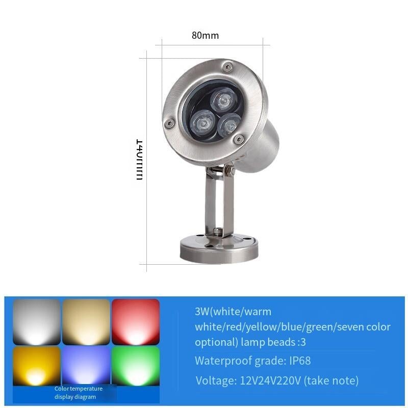 LED Underwater Light Fish Pool Light Stainless Steel Tempered Glass Pool Light Outdoor Waterproof Colorful Color Changing Fountain Light 3w