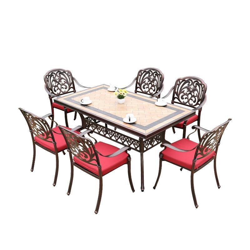 Outdoor Balcony Table And Chair Cast Aluminum Courtyard Garden Furniture Villa Leisure Combination 6 + 1 [with 158cm Aluminum Frame Ceramic Tile Long Table]