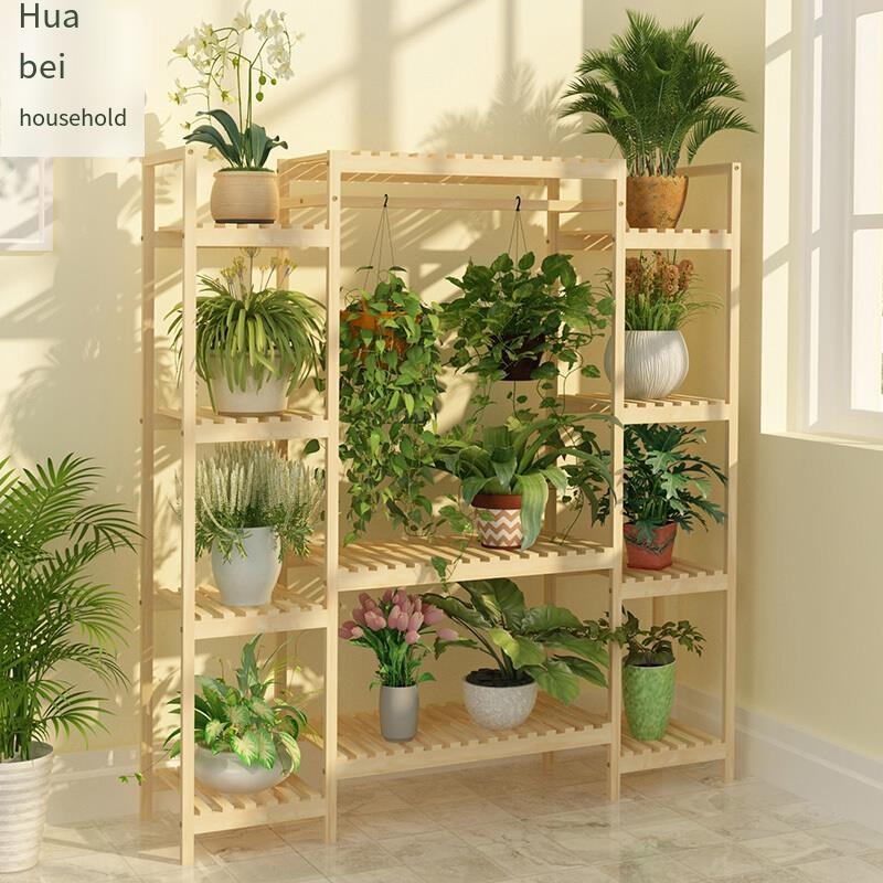Solid Wood Flower Shelf Multi-storey Indoor Special Price Balcony Living Room Space Saving Lvluo Floor Type Flower Pot Rack H Symmetrical Five Layer Carbon Color