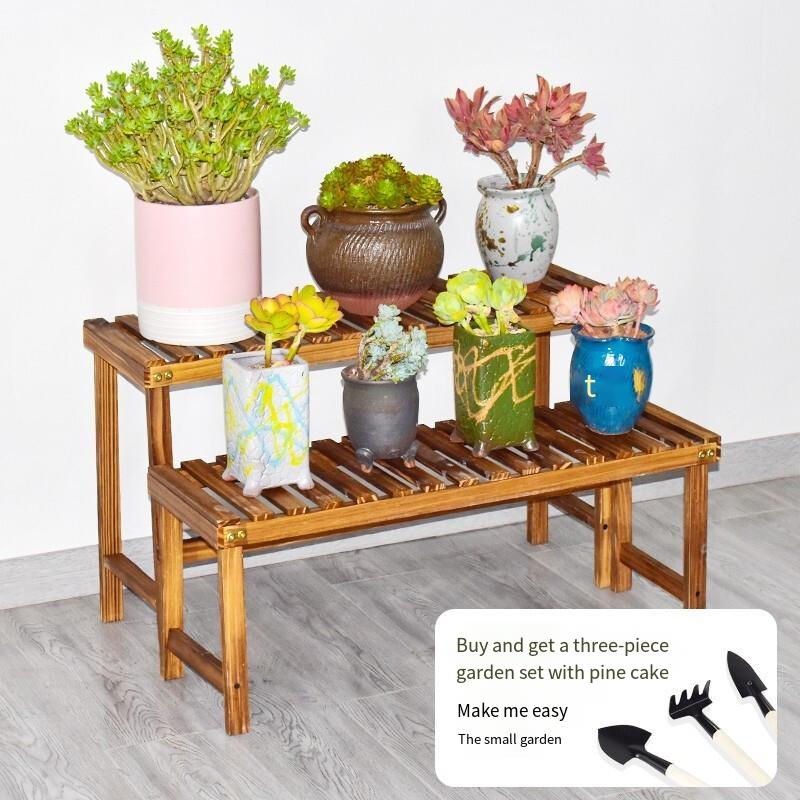 Solid Wood Flower Rack Flower Stool Living Room Flower Pot Simple Modern Balcony Wooden Ladder Meat Green Basket Plant Combination Carbonization Ladder 58cm Large Medium And Small Combination