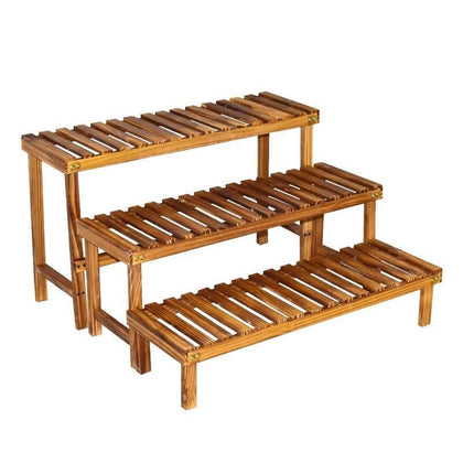 Solid Wood Flower Rack Flower Stool Living Room Flower Pot Simple Modern Balcony Wooden Ladder Meat Green Basket Plant Combination Carbonization Ladder 58cm Large Medium And Small Combination