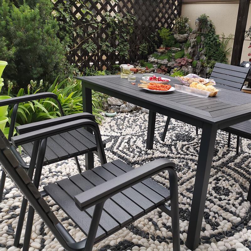 Outdoor Table And Chair Courtyard Leisure Chair Balcony Tea Combination Set Outdoor Antiseptic Wood Plastic Garden Dining Modern Simple Small Round Table Mattel: 4 + 1 [120x80 Mosaic Plastic Wood Long Table]
