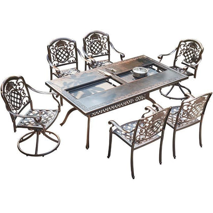 Inclined Grid 6 Chairs+ 150cm Dark Tile Baking Table 1 Outdoor Patio Barbecue Table And Chair Carbon And Electricity Dual Purpose Party Outdoor Leisure Villa Garden Terrace Cast Aluminum Table And Chair