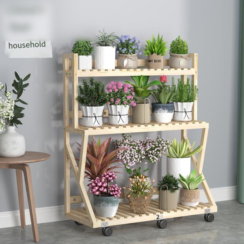 Flower Rack Storage Rack Balcony Flower Pot Hanger Flower Rack Solid Wood With Wheel Four Layers 100 + Wheel Thickened Type