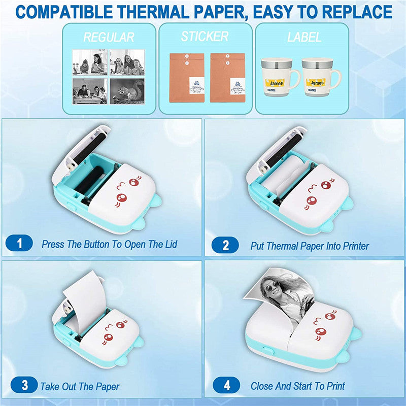 Portable Printer, Mini Pocket Wireless Bluetooth Thermal Printers with 6  Rolls Printing Paper for Android iOS Smartphone, BT Inkless Printing Gift  for