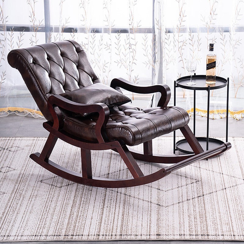 Nordic Solid Wood Rocking Chair Lazy Leisure Rocking Chair Leisure Chair Adult Nap Chair Reclining Chair Balcony Elderly Chair Leather Dark Brown