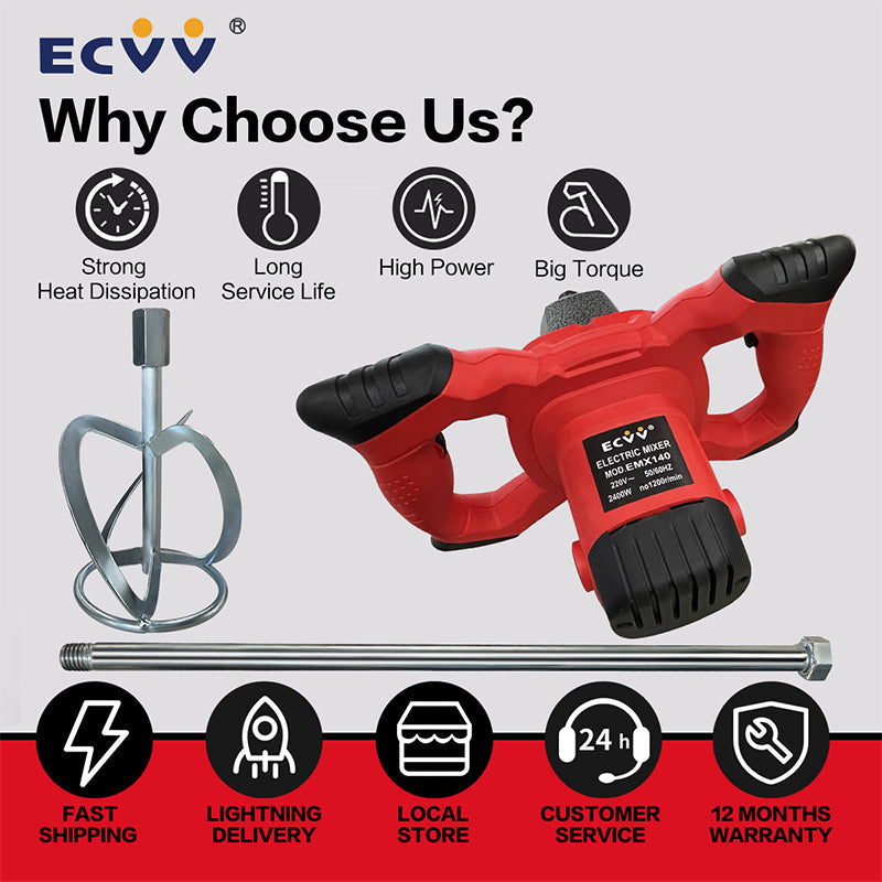 ECVV 2400W Handheld Electric Cement Mixer 6-Speed Adjustable 0-1200r/min for Stirring Paint Cement Plaster Mortar Coating Powder